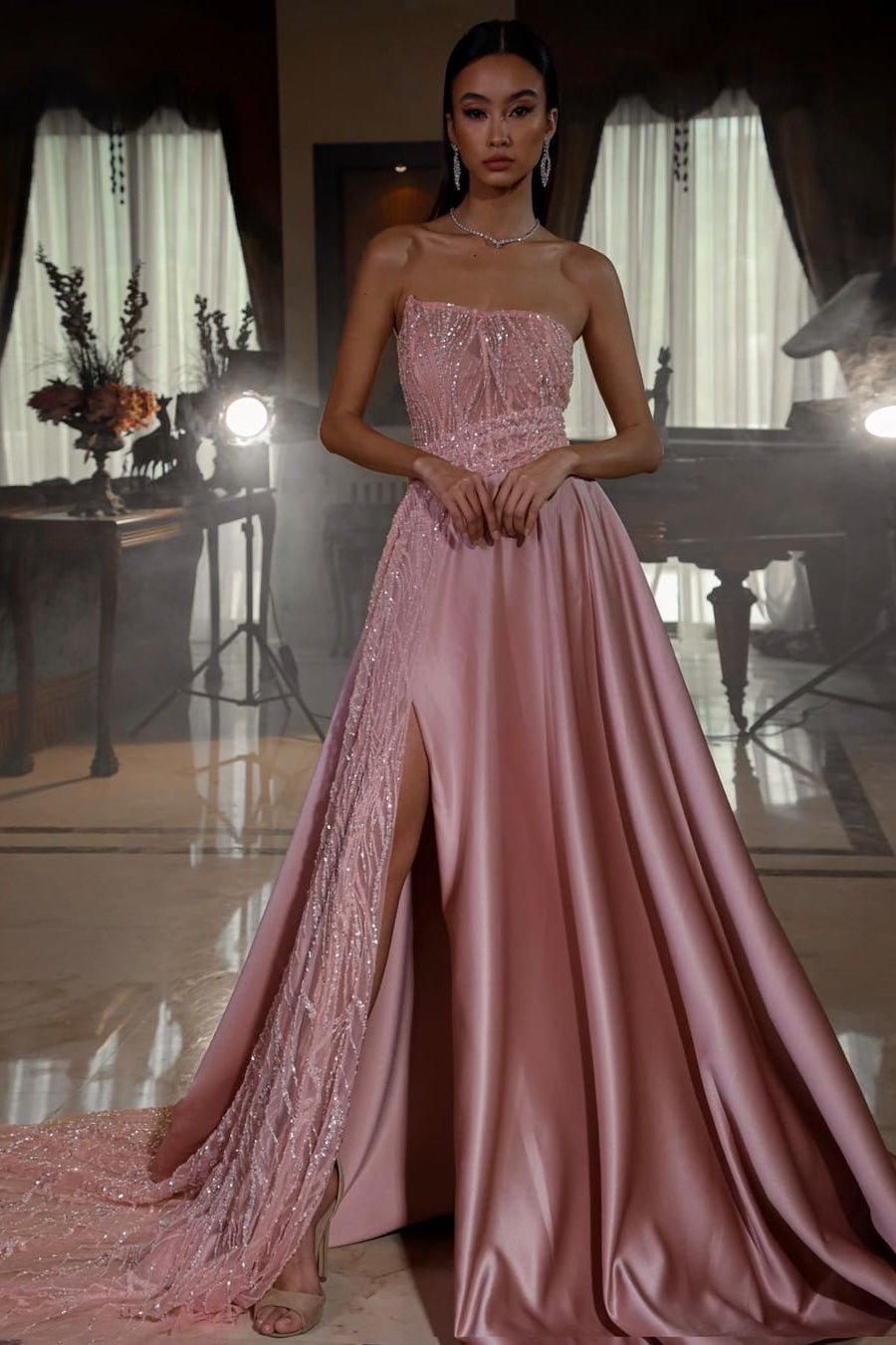 Gorgeous Dusty Pink Strapless Sequins Evening Dress Long Slit On Sale ballbellauk Gorgeous Dusty Pink Strapless Sequins Evening Dress Long Slit On Sale ballbellauk