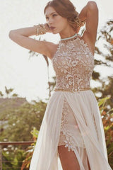 Gorgeous Halter Sleeveless Lace Chiffon Prom Dress-ballbellauk