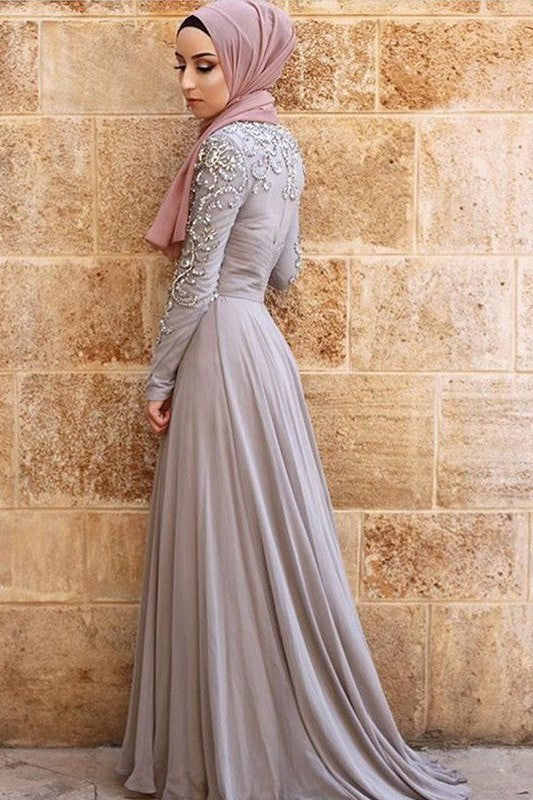 Gorgeous Long Sleeves Scoop Crystal Tulle Muslim Prom Dress ballbellauk Gorgeous Long Sleeves Scoop Crystal Tulle Muslim Prom Dress ballbellauk