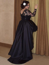 Gorgeous Long Sleeves Scoop Satin With Appliques Asymmetrical Plus Size Prom Dress-ballbellauk