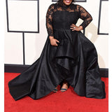 Gorgeous Sheer Neck Long Sleeves With Appliques Asymmetrical Satin Plus Size Prom Dress-ballbellauk