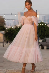 Gorgeous Tulle Ruffles Off-the-Shoulder Sleeveless Tea-Length Homecoming Dress-ballbellauk