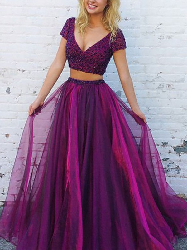 Gorgeous V-Neck Short Sleeves Long Beading Tulle Two Piece Prom
