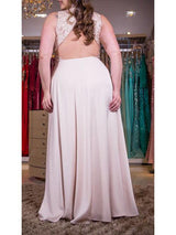 Gorgeous V-neck Sleeveless With Appliques Long Elastic Woven Satin Plus Size Prom Dress-ballbellauk