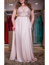 Gorgeous V-neck Sleeveless With Appliques Long Elastic Woven Satin Plus Size Prom Dress-ballbellauk