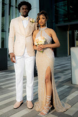 Halter High neck Champange Column Sparkle Prom Dresses-Ballbella