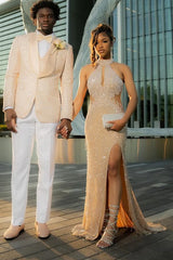 Halter High neck Champange Column Sparkle Prom Dresses-Ballbella