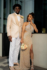 Halter High neck Champange Column Sparkle Prom Dresses-Ballbella