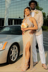 Halter High neck Champange Column Sparkle Prom Dresses-Ballbella