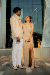 Halter High neck Champange Column Sparkle Prom Dresses-Ballbella