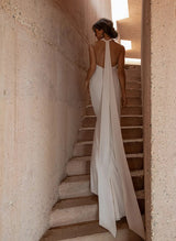 Halter Sleeveless Elastic Satin Wedding Dress Sweep Train Split Front-Ballbella