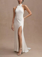 Halter Sleeveless Silk Like Satin Sheath Fitted Wedding Dresses Split Front-Ballbella