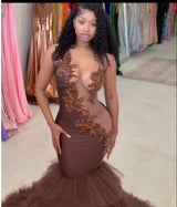 Hot See-through Sleeveless Mermaid Ruffles Flowers Beaded Prom Dresses-Ballbella