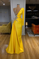 Illusion neck Bright Yellow Bubble Sleeves Prom Dress One shoulder-ballbellauk
