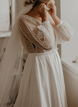 Illusion Neck Plus Size Chic A-line Lace Sweep Train Long Sleeves Wedding Dresses-Ballbella