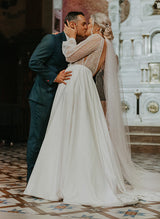 Illusion Neck Plus Size Chic A-line Lace Sweep Train Long Sleeves Wedding Dresses-Ballbella