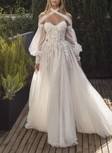 Lace Elegant Sweetheart Wedding Dresses Long Sleeves-Ballbella