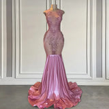 Long Pink Sleeveless Mermaid Prom Dress Featuring Beadings-Ballbella