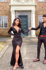 Long sleeves Deep V-neck High Split Mermaid Sparkle Black Prom Dresses-Ballbella