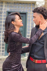 Long sleeves Deep V-neck High Split Mermaid Sparkle Black Prom Dresses-Ballbella