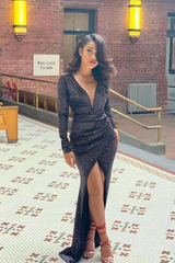 Long sleeves Deep V-neck High Split Mermaid Sparkle Black Prom Dresses-Ballbella