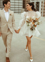 Long Sleeves Mini White Short Summer Wedding Dresses-Ballbella