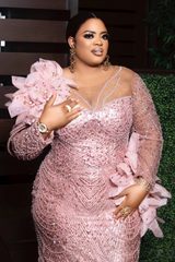 Luxury Long sleeves Pink Flowers Floor length Mermaid Plus Size Prom Dresses-Ballbella