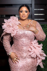 Luxury Long sleeves Pink Flowers Floor length Mermaid Plus Size Prom Dresses-Ballbella