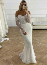 Mermaid Fitted Wedding Dresses Sequined Long Sleeves-Ballbella