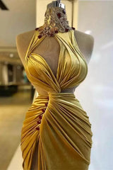 Mermaid High Neck Ruffles Sleeveless Long Rhinestone High Split Formal Wears-ballbellauk