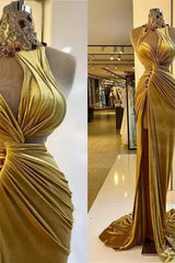 Mermaid High Neck Ruffles Sleeveless Long Rhinestone High Split Formal Wears-ballbellauk