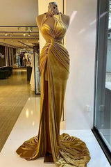 Mermaid High Neck Ruffles Sleeveless Long Rhinestone High Split Formal Wears-ballbellauk