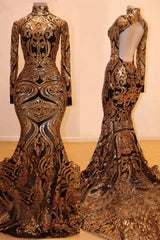 Mermaid Prom Dress Gold Appliques Open Back Long Sleeves-ballbellauk