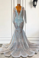 Mermaid Prom Dress with Deep V-Neck Long Sleeves Beadings-Ballbella