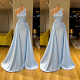 Modern Light Blue Overskirt Soft-pleated Prom Dress One-shoulder-ballbellauk
