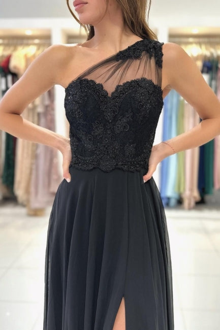 Modern Long Black Evening Gown One Shoulder Lace Ball Dresses With Spl ballbellauk Modern Long Black Evening Gown One Shoulder Lace Ball Dresses With Spl ballbellauk