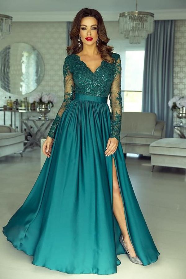 Modern Prom Dress Lace Appliques Ball Dresses With Split Long Sleeve ballbellauk
