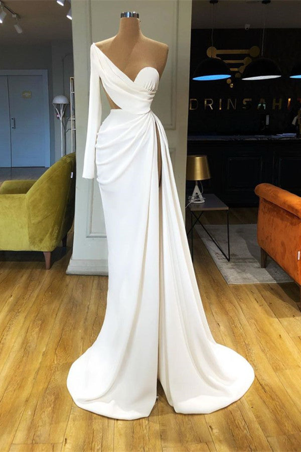 Modern White One Shoulder Prom Dress With Split Long Sleeve – ballbellauk