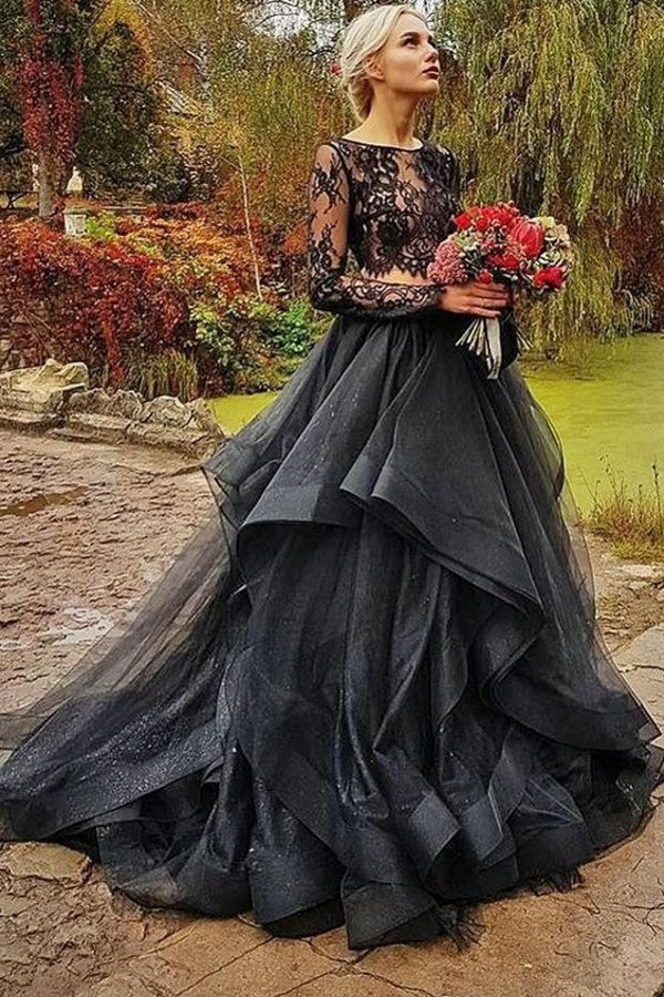 Modest Black Two Pieces Wedding Dress UK with Sleeves and Tulle