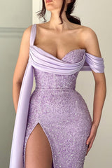 Modest Lilac Long Glitter Off-the-Shoulder Mermaid Prom Dress With Slit-ballbellauk
