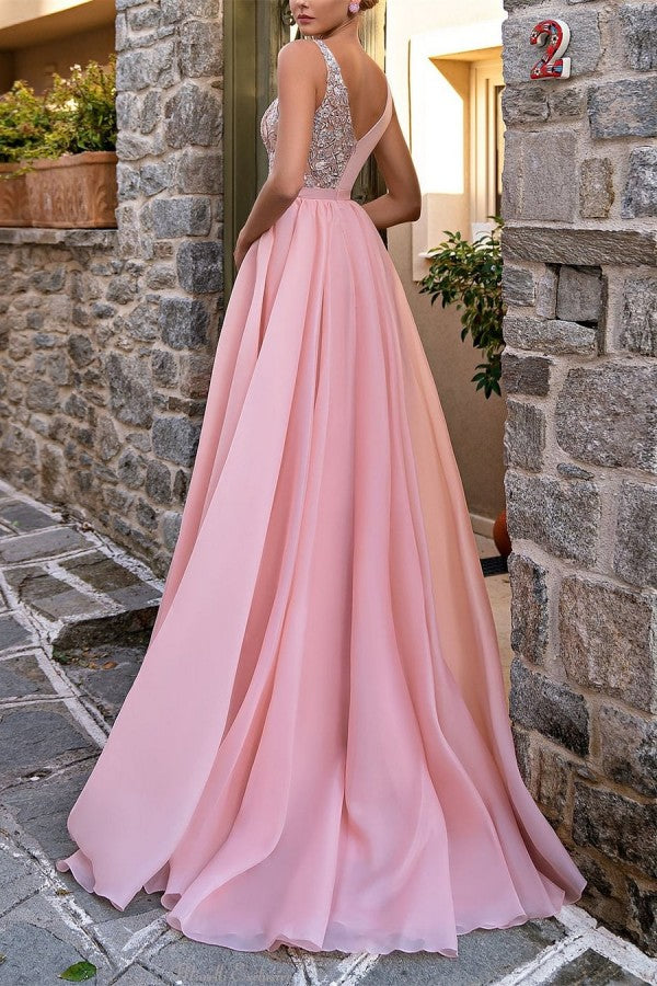 Modest Long Pink V-Neck Long Glitter Sleeveless Prom Dress With