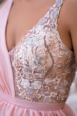 Modest Long Pink V-Neck Long Glitter Sleeveless Prom Dress With Slit-ballbellauk