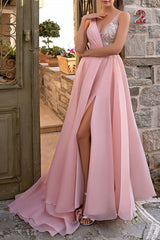 Modest Long Pink V-Neck Long Glitter Sleeveless Prom Dress With Slit-ballbellauk