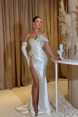 Modest Long White Mermaid Glitter Sleeveless Prom Dresses With Slit-ballbellauk