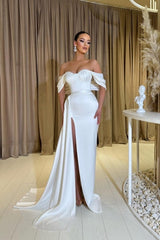 Modest Sweetheart Cap Sleeves Column prom Dresses With Front Split-ballbellauk