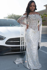 Sparkle Silver Off-the-shoulder Mermaid Court Train Tassels Prom Dresses