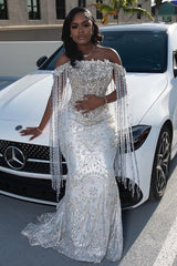 Sparkle Silver Off-the-shoulder Mermaid Court Train Tassels Prom Dresses