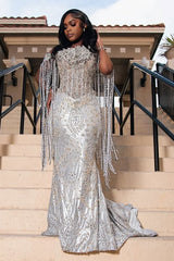 Sparkle Silver Off-the-shoulder Mermaid Court Train Tassels Prom Dresses