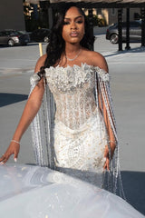 Sparkle Silver Off-the-shoulder Mermaid Court Train Tassels Prom Dresses