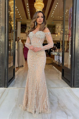 Off the shoulder Champange Long sleeves Sweetheart Sparkle Beaded Prom Dresses-Ballbella